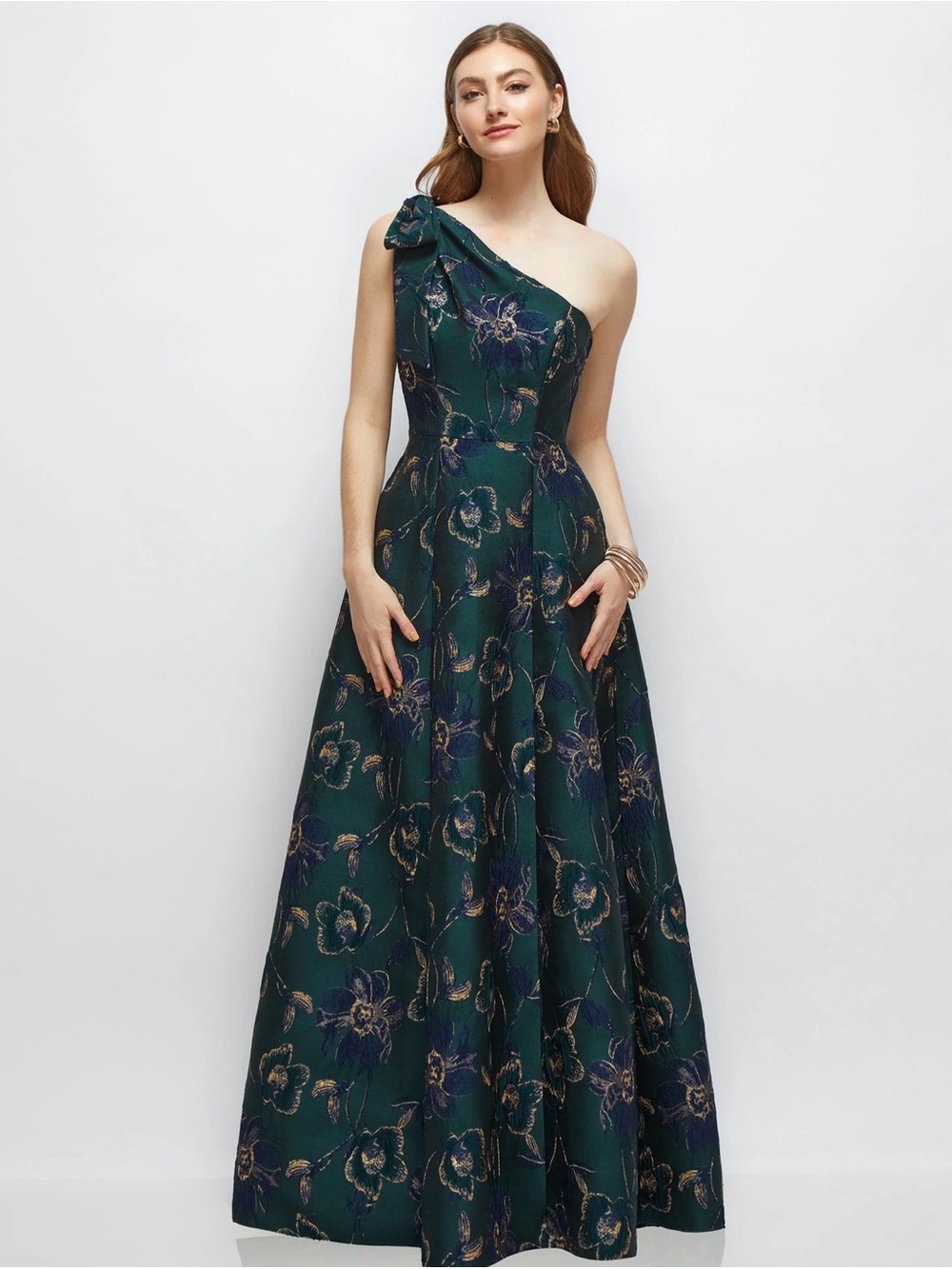 One-Shoulder Emerald Floral Evening Gown